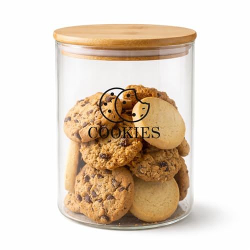 Punorric Biscuit Jar, 3.2L Glass Biscuit Barrel for Kitchen, Airtight Cookie Jar with Wooden Lid, Round Wide Mouth Storage Tin for Candy Buffet and Snacks, Stackable Food Storage Container