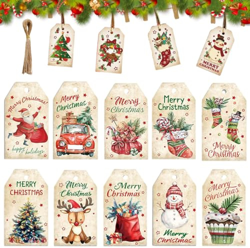 AFCJLTO 50 Stück Weihnachten Geschenkanhänger Hängeetiketten,Weihnachten Kraftpapier Etiketten, 10 Verschiedene Designs Geschenkanhänger Etiketten mit 50pcs Schnuren für Weihnachten(B)