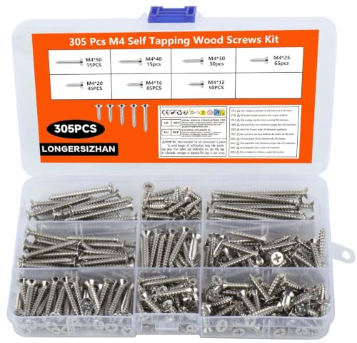 305Pcs Vis M4, Autotaraudeuses, pour Métal et panneaux de particules