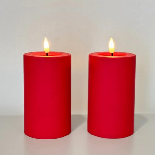 LUCOZA 2er Set Outdoor LED Kerzen, 12,7 cm Wasserdichte Flammenlose Kerzen mit Timer Batteriebetriebene im Freien Stumpenkerzen für Innen Außen, Dekor für Garten Balkon, Rot