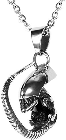 Flongo Edelstahl Anhänger Halskette Silber Schwarz Alien Außerirdische Motorradfahrer Herren, mit 55cm Kette