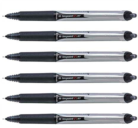 Pilot Hi-Tecpoint V5 RT Retractable Rollerball Pen 0.3 mm Line Black, Pack of 6