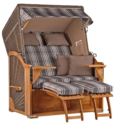 MR. DEKO® Strandkorb Seeblick 2-Sitzer Teakholz | PE Geflecht Grey | Volllieger verstellbar mit Fußablage | inkl. 4 Kissen + Wechselpolster | Strandkörbe Teak fertig montiert Strandstuhl (Dessin 522)