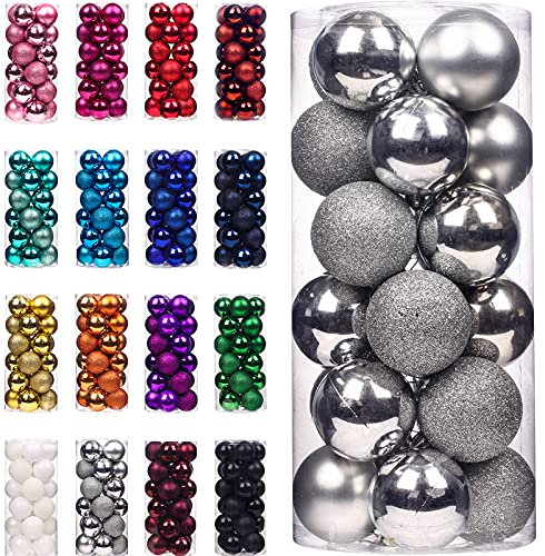 Emopeak Christmas Balls Ornaments 24Pcs, Shatterproof Xmas Balls Baubles Decor or Christmas Tree, Christmas Balls Hanging Holiday Wedding Party Decoration (Silver, 2.5-6.2CM)