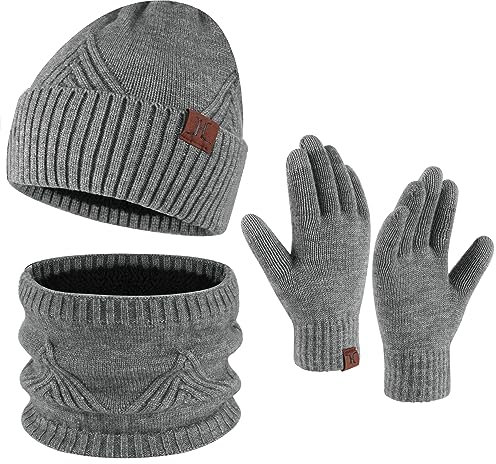 Hommes Hiver Chaud Bonnet Echarpe Thermique Gants Tactiles Ensemble Tricot avec Cache-Cou Cadeau Homme Noel