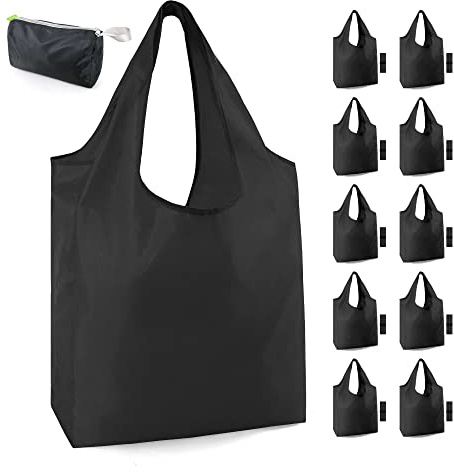 BeeGreen 10 Pack Black Reusable Grocery Bags with Storage Pouch Reusable Shopping Bags Bulk with Elastic Band 50LBS X-Large-Foldable-Washable-Heavy Duty-Waterproof Grocery Tote Bags