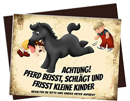 XL Kühlschrankmagnet mit schwarzes Pferd Motiv und Spruch: Achtung! Pferd beisst schlägt und frisst kleine Kinder