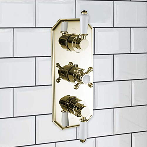 ENKI, Regent, TSV038, Gold Concealed Thermostatic Shower Mixer Valve for Bathrooms, Triple Control Diverter Valve for Three Outlets, Traditional Victorian Style