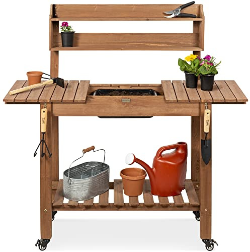 Best Choice Products Mobile Garden Potting Bench, Outdoor Wood Workstation Table w/Sliding Tabletop, 4 Locking Wheels, Food Grade Dry Sink, Storage Shelves - Brown
