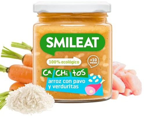 Smileat - Tarrito de Ca-Chi-Tos de Arroz con Pavo y Verduras - Ecológico, Sin Azúcar Añadido, Sin Sal, Sin Gluten, Sin Leche, Sin Huevos - Ideal para peques a Partir de 10 Meses - 230g