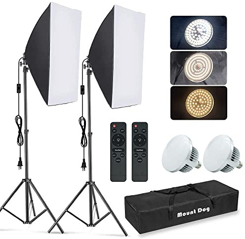 MOUNTDOG Softbox Kit di illuminazione per studio fotografico, luce continua con presa E27 da 85 W, 5700 K, 2 riflettori da 19,7 x 27,5 piedi, 2 lampadine LED con telecomando per ritratti