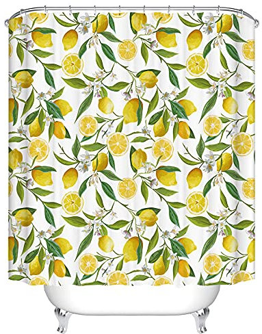 LWLFC Duschvorhang 180X200 Gelbe Zitrone Duschvorhang Anti-Schimmel und Wasserabweisend Shower Curtain, Duschvorhänge mit 12 Haken,Duschvorhang Textil Waschbar,Polyester