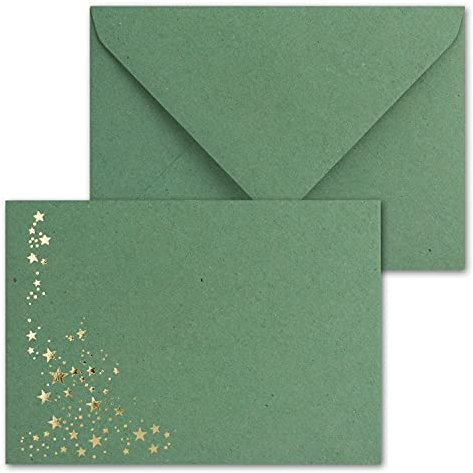 25x Weihnachts-Briefumschläge - DIN C6 - mit Gold-Metallic geprägtem Sternenregen -Farbe: Kraftpapier Eukalyptus (Grün)- Nassklebung, 120 g/m² - 114 x 162 mm