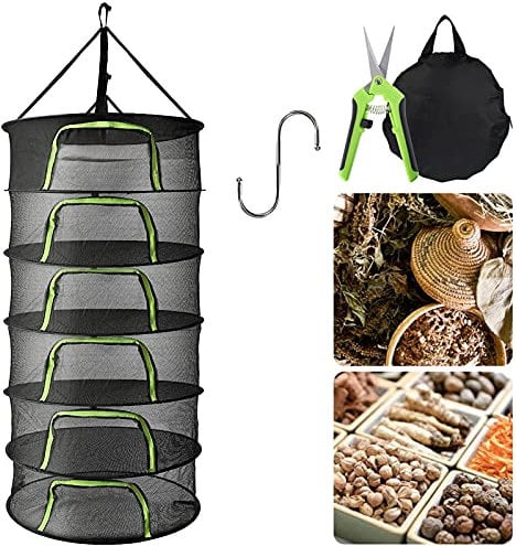 PEALOV Rete Essiccazione Erbe,Stendino Per Erbe Aromatiche Sospeso,Mesh Drying Rack A 6 Strati Con Cerniera A Forma Di U,Essiccatore Per Erbe Rotondo Pieghevole,Con Forbici E Gancio A S,Per Erbe,Fiori