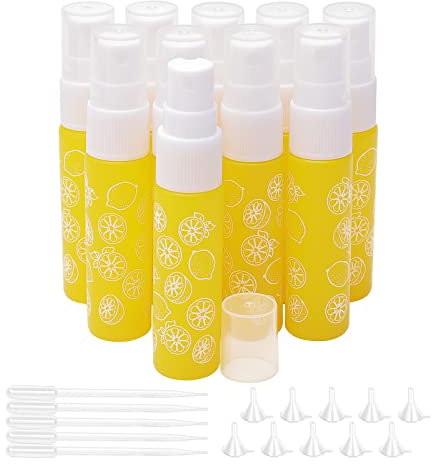 Pxyelec 10pcs Spray Bottle, 10ml Refillable Empty Yellow Glass Mist Spray Bottles with 10pcs Funnels and 5pcs Droppers, Perfect for Dispense Light-proof Perfume Essential Oil Lotions Toners