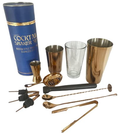 12 Piece Essential Stainless Steel Bartender Cocktail Boston Style Shaker Gift Set, Professional Bar Tools for Drink Mixing, Home, Bar, Party (Rose Gold)