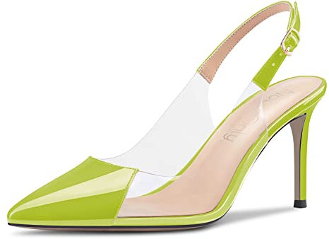 NobleOnly Mujer Aguja Alto High Heel Puntiaguada Punta Clear Slingback Pumps Cierre con Hebilla de Boda Fiesta 8 CM Heels Sandalias Verde Lima 39 EU