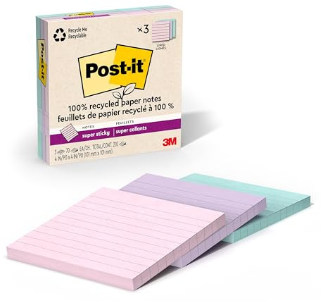 Post-it 100% Recycled Paper Super Sticky Notes, 2X The Sticking Power, 4x4 in, Lined, 3 Pads, 70 Sheets/Pad, Wanderlust Pastels Collection (675R-3SSNRP)