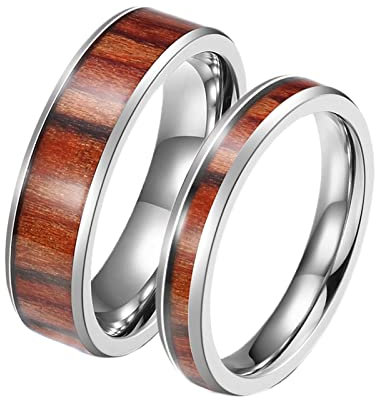 AMDXD Ringe Vintage, 4/6mm Edelstahl Verlobungsring Frau Silber mit Holz Trauringe Männer, 2er, Frauen 57 (18.1) & Männer 65 (20.7)