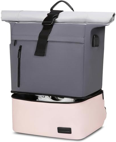 LOVEVOOK Rolltop Rucksack Damen mit Schuhfach Wasserdicht Laptop Rücksack 17 Zoll Reiserucksack Groß Schultasche Trekkingrucksack Sportrucksack für Reisen (Grau-rosa, M)