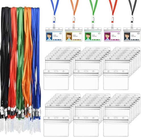 Ausweishülle mit Band Horizontal 100Sets Namensschilder Kartenhalter Kartenhülle Ausweishalter Karten Schutzhülle Schlüsselband Personalisiert Kartenhüllen Transparent Kartenschutzhülle Ausweishüllen