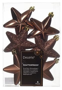 Kaemingk Christbaumschmuck Sterne Kunststoff 7cm x 6 Stück Anhänger Glitzer Espressobraun lederbraun - Schokobraun - kastanienbraun - kupferbraun - Zimt