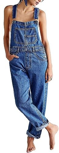 FeMereina Denim Overalls for Women Loose Fit Classic Bib Casual Jean Stretchy Denim Overall Jumpsuit Tapered Leg Jean Pants (Blue, XL)