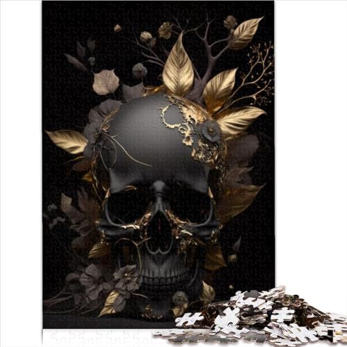 1000-teiliges Puzzle, schwarzer Totenkopf, goldene Blumen, Puzzle für Erwachsene und Kinder ab 12 Jahren, Holzpuzzle für Erwachsene (Größe 75x50cm)