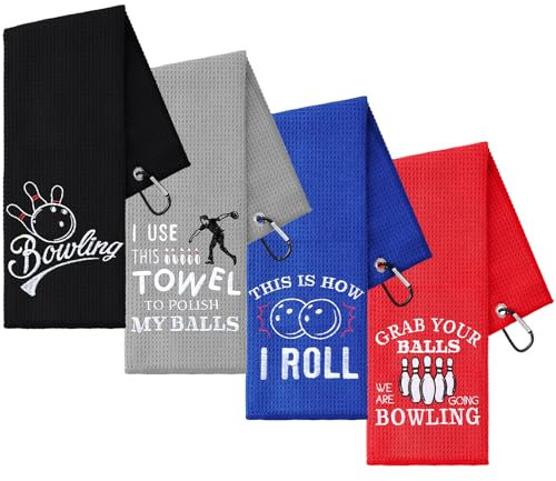 VitalCozy 4 Pcs Funny Bowling Towel Embroidered Bowling Ball Towel with 4 Grommets Sport Ball Rag Wipes Accessories for Men Women Sport Player Fitness Lovers Gifts(Classic Style)