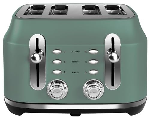 Rangemaster RMCL4S201MG Mineral Green 2.1kW 4 Slice Toaster with Defrost, Cancel & Reheat Functions, Removable Crumb Tray & 6 Power Levels with 2 Year Guarantee
