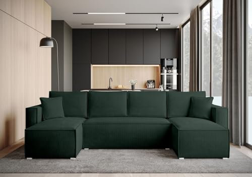 BROMARKT Ecksofa mit Schlaffunktion Sofa Cord Eckcouch mit Bettkasten Wohnzimmer Möbel U Form Couch gästebett Sofa Kissen groß 305x145x74 cm Flaschengrün