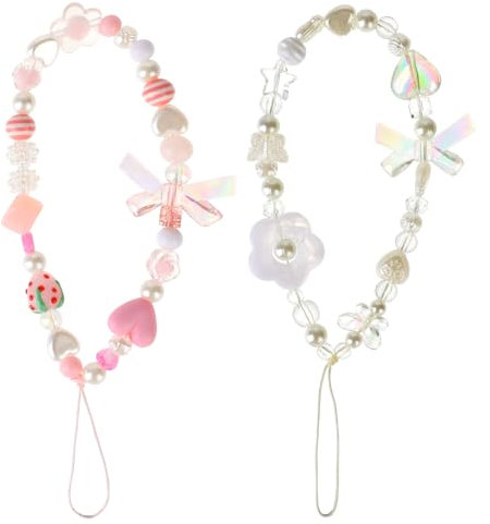 DIVINA VITAE 2 Pcs Cute Phone Charm Strap - Aesthetic Beaded Lanyard Wrist Strap With Strawberry Flower Butterfly for Women Girl Gifts (White and Pink)