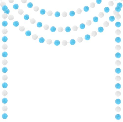 HONMOK 3 Stück Blau Weiß Filzkugeln Girlanden Pompom Girlanden 2m Filzkette Blaue Pom Pom Filzbälle Hängende Dekoration für Zuhause Drinnen und Draußen Hochzeit Geburtstag Party Deko