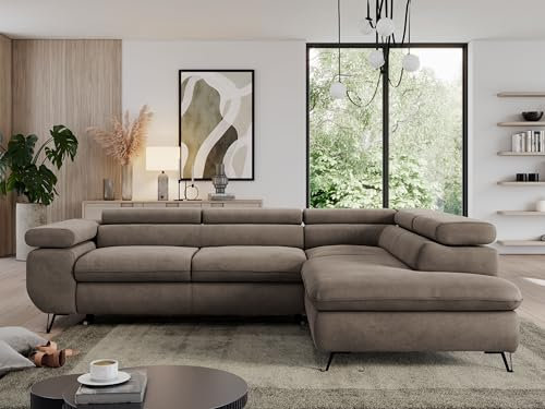 MKS MEBLE Sofa L, Wohnlandschaft L-Form mit Schlaffunktion und Bettkasten, Schlafsofa mit Bettkasten, Ecksofa, Sofa mit Einstellbare Kopfstützen, Pedro L - Braun Velvet - Rechts