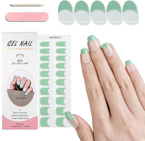 MrCuvaryas 20Stk Nagellack Aufkleber, UV Nagelfolie für Hände, Full Wraps Nagelaufkleber LED-Lampe Erforderlich Cured Gel Nail Strips mit Nagelfeile und Stick für Frauen (Green, 24x)