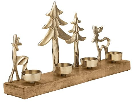 EGLO LIVING Teelichthalter mit Deko Rentieren Baliguian, Weihnachtsdeko Fensterbank Wohnzimmer, Tischdeko Weihnachten Hirsch Weihnachtsbaum, Holz und Metall in Gold, 38 x 20 cm