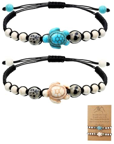 JEXOWIQ bracelet couple - 2 bracelets tortues en pierre naturelle,blanc vert,idee cadeau couple,Bracelet de perles de yoga,Bracelets en corde élastique pour homme et femme