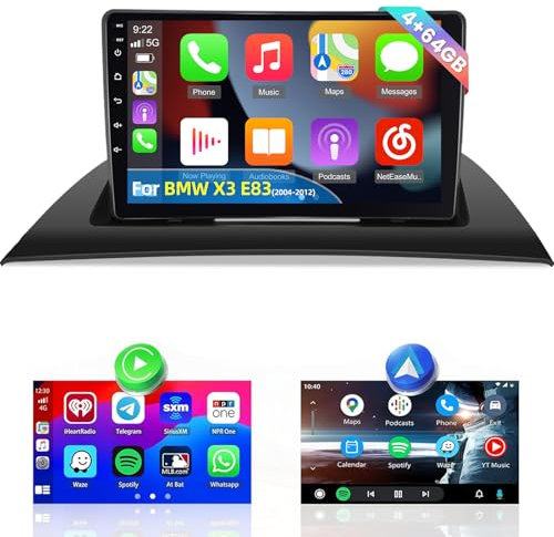 NHOPEEW 4+64G Car Stereo para BMW X3 E83 2004-2012 - 9 Pulgadas Android Stereo con Wireless Carplay y Android Auto - Mirror Link 32EQ DSP Split Screen+ Rear View Camera&Mic