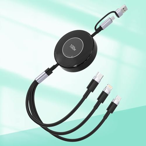 Câble de charge USB C rétractable 5 en 1 USB A/Type C vers Lightning + USB C + micro iPhone 100 W + 27 W + 10 W PD pour iPhone 15 14 13 12/Samsung S23/iPad Pro/MacBook - Noir