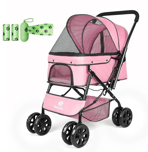 Haustier-Kinderwagen - Wendbarer Hunde- und Katzenwagen mit 360 Grad Drehung für Mittelgroße und Kleine Hunde mit Netzfenster (Rosa)