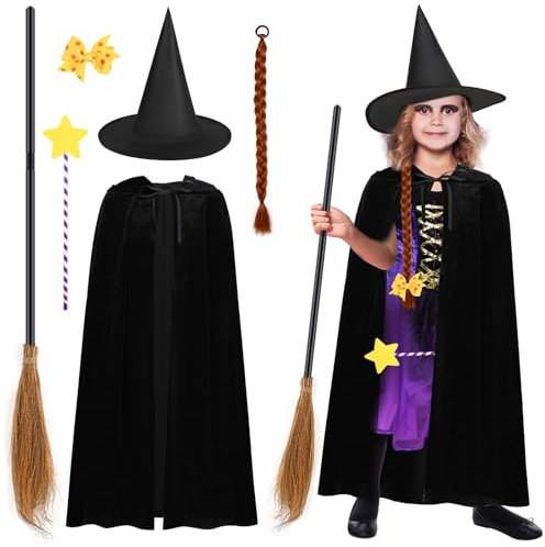 Dearlan 6Pcs Halloween Witch Costume Room on Broom Costume Include Witches Hat Cloak Long Ginger Plait Hair Clip Star Wand Broach for Grils Halloween Cosplay Dress Up