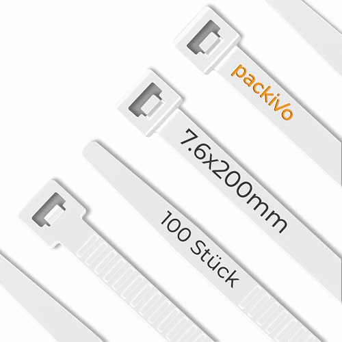 Packivo Kabelbinder Weiß 200mm x 7,6mm 100 Stück, 40KG Zugfestigkeit, Hitzebeständig für Kabelmanagement, Gartenarbeit, Werkstätten, Autowerkstatt, Bau, DIY, Industrie