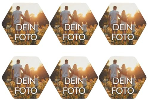6 Stück Personalisierte Untersetzer mit Foto, Personalisierbare Leder Untersetzer Bedrucken mit eigenem Foto, Text und Logo - für Bar, Kaffee, Küche, Home Office, Leder, (Hexagon)