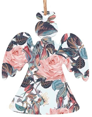 Weihnachtsschmuck aus Holz für Baumschmuck, Blume, rosa Rosen, hängende Weihnachtsbaumschmuck, Kugel, Heimdekoration (Engelform)