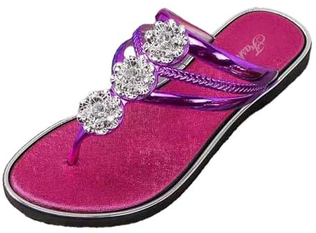 Women's Diamante Sandal Glitter Slides Mules Summer Thong Sandals Stylish Flat Sandals Sparkly Flip-Flop Beach Shoes (Z-Hot Pink, Adult, Women, 5.5, Numeric, UK Footwear Size System, Medium)