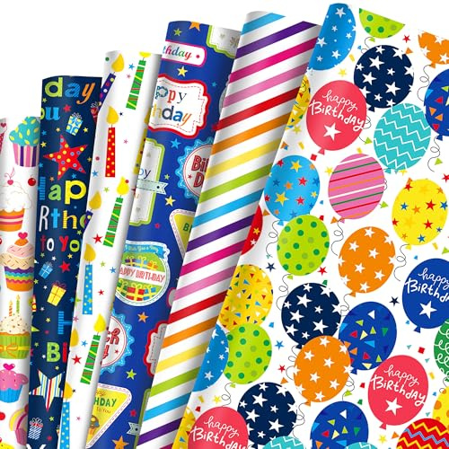 12 Bögen Geschenkpapier Geburtstag,6 Stile Geschenkpapier für Kinder Geburtstag Geschenkpapier Kinder Geschenk Verpackung Designpapier Scrapbooking Birthday Gift Wrapping Paper 50x68 cm