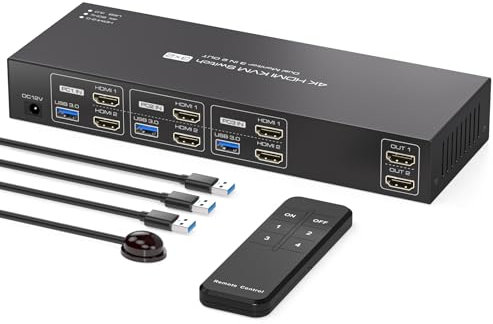 PVBCTCSID HDMI KVM Switch 3 Computers 2 Monitors 4K60Hz EDID for 3 PC Sharing Dual Monitor and 4 USB 3.0 port with Remote Control
