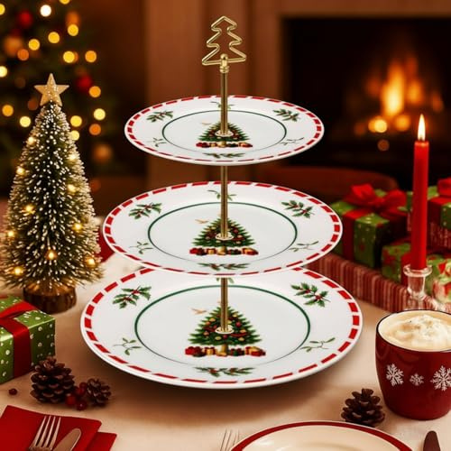 Lallisa 3 Tier Christmas Cake Stand 10, 9 and 7 Ceramic Xmas Tree Tiered Cupcake Display Holder Tower for Serving Food Cake Desserts Treats Holiday Party Decoration