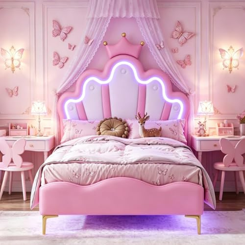 Letto per bambini, letto con rivestimento, 90 x 200 cm, letto per bambini, per ragazza, letto singolo con LED, struttura del letto con ribbotten, letti per adolescenti con asta LED regolabile e