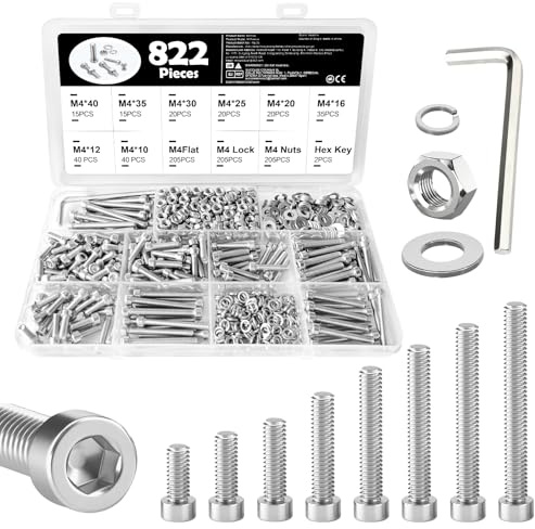 822 Pcs M4 Stainless Steel Nuts and Bolts Set | Including 205 Pcs Bolts, Hex Socket Head Screws, Flat Washers, Lock Washers and 2 Pcs Wrenches